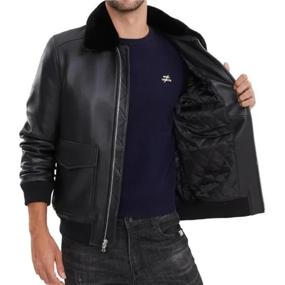 Leather Jacket With Removable Real Fur Collar- Leather Jacket For Men